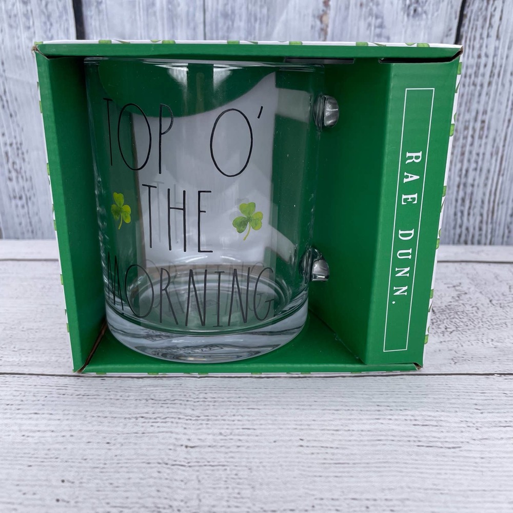 NWT Rae Dunn Top O' The Morning Glass Coffee Mug St. Patrick’s Day 18oz
